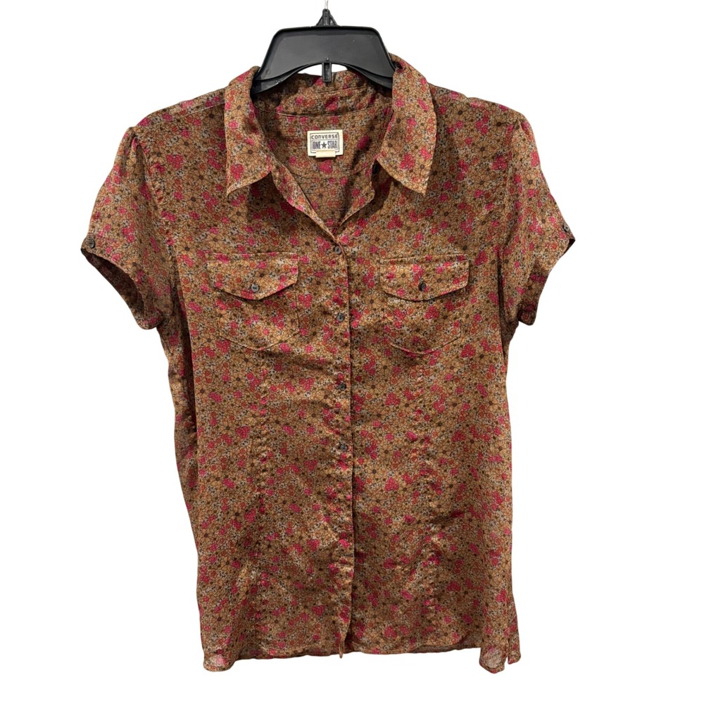 Autumn Retro Utility Converse One Star Floral Button Up Blouse Y2K Size Large